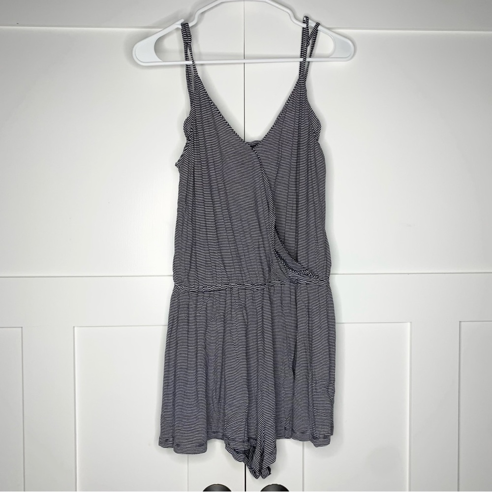 American Eagle Striped Romper Navy Blue White